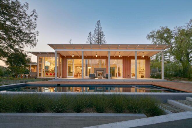 elongated modern home design with swimming pool