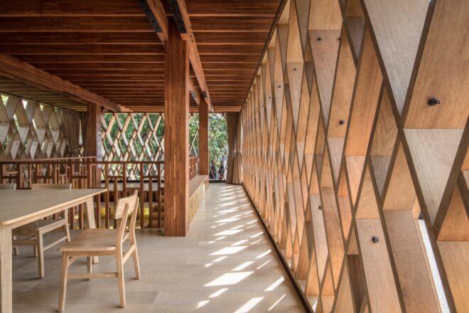 interior of a wooden library hallway