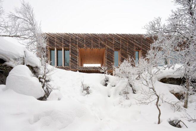 wooden cabin nearly covered in fluffy snow