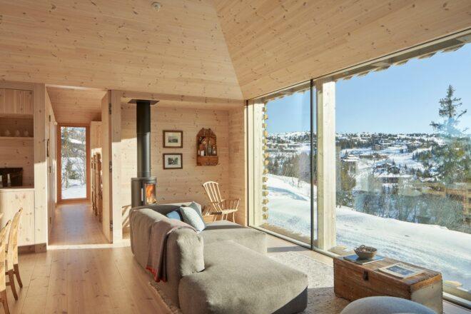 gray sofas and wood burning stove near wall of glass revealing mountain views