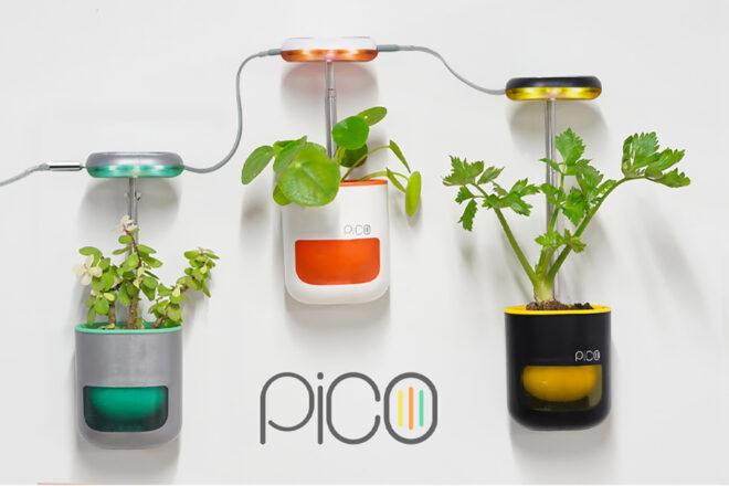 three wall mounted PICO pods. from left to right, the pod colors are blue and silver, white and orange, and black and yellow