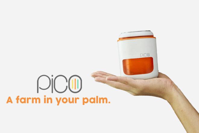 to the left, text that reads "Pico: a farm in your palm." To the right, a hand holding a white and orange pod