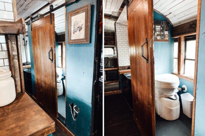 small bathroom with wooden panels and composting toilet