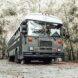 A large old school bus in the forest