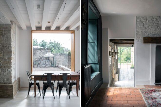 two images: a large dining table next to window and living space leading to glass door