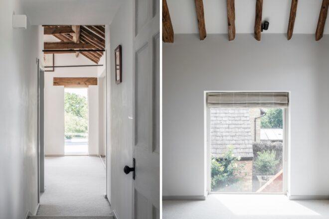 white room with walkways leading to the outdoors