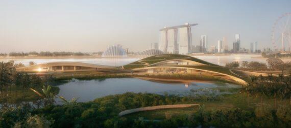 rendering of curved dome building near water