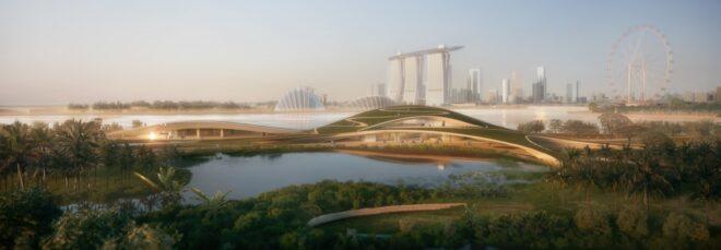 rendering of curved dome building near water