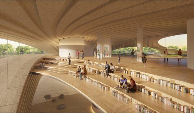 rendering of large wood staircases that double as seating and bookshelves