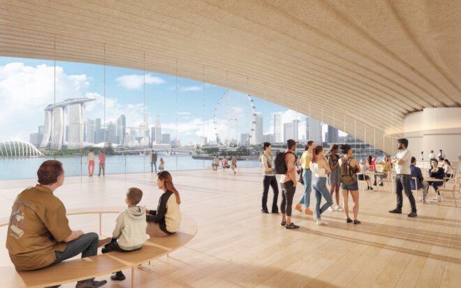 rendering of people walking under a covered wood patio