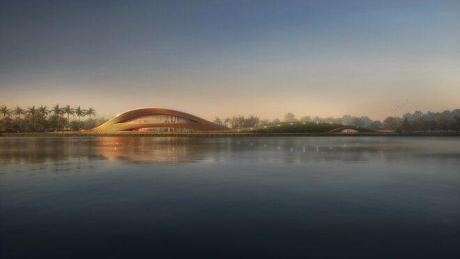 rendering of large curving building near water