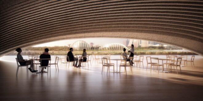 rendering of dining tables and chairs in a large open room