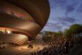 rendering of people in open-air auditorium near large curving building