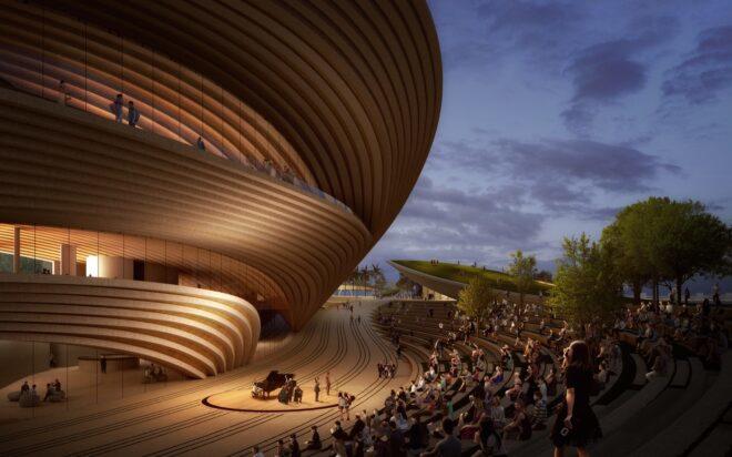 rendering of people in open-air auditorium near large curving building