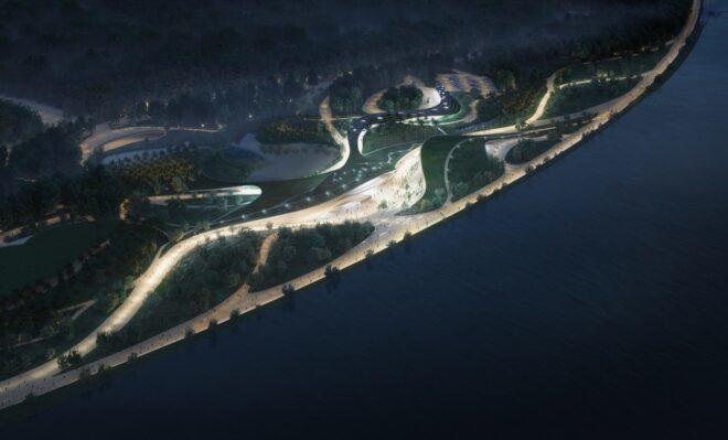 rendering of curving walkways on a waterfront