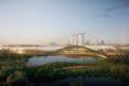 rendering of curved dome building near water