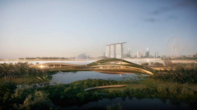 rendering of curved dome building near water