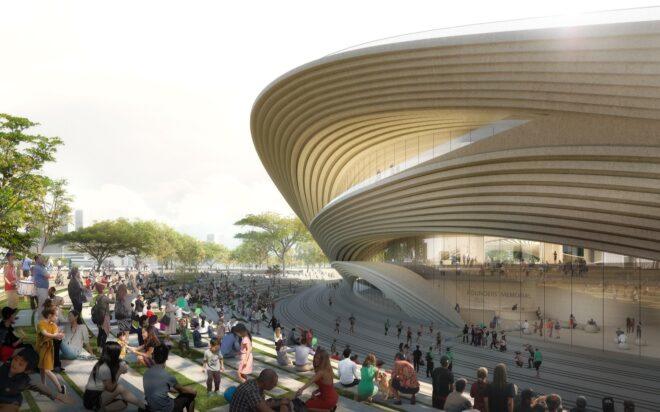 rendering of curving wood building with an outdoor ampitheater