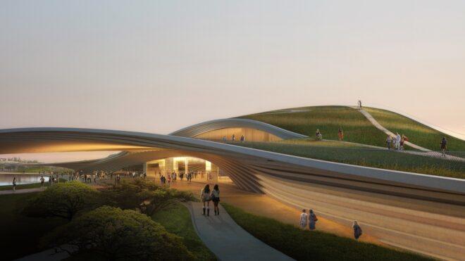 rendering of people walking along paths near a green-roofed dome building