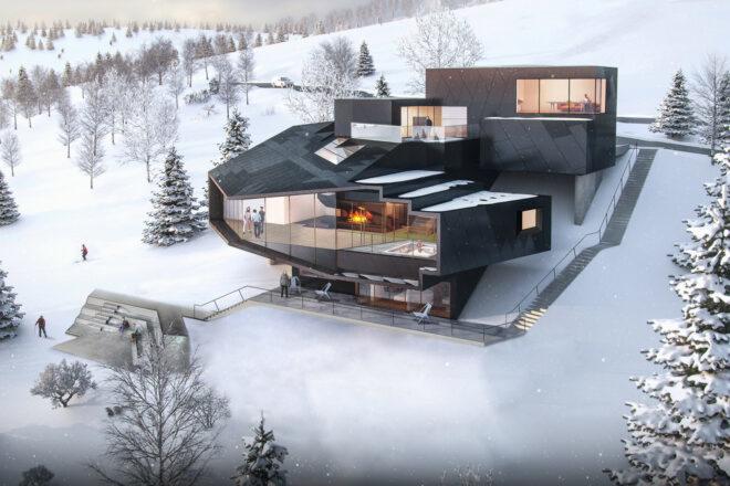 rendering of large black chalet with several glass panels revealing fireplaces inside