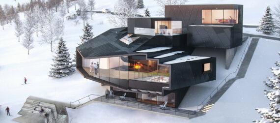 rendering of large black chalet with several glass panels revealing fireplaces inside