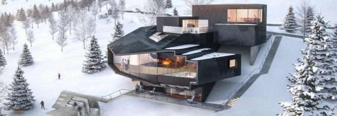 rendering of large black chalet with several glass panels revealing fireplaces inside