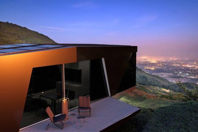 elongated tiny home with outdoor deck