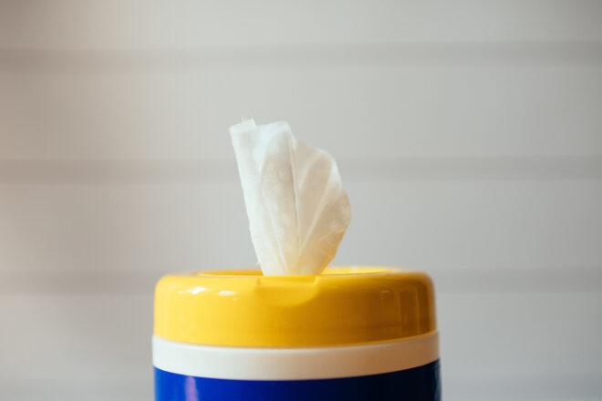 yellow container of disinfecting wipes