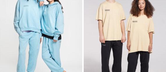 Two people in light blue tracksuits and two people in off-white T-shirts and black sweatpants