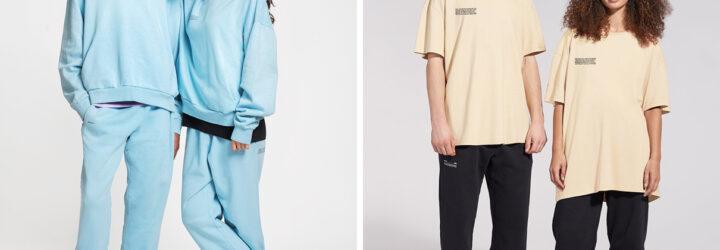 Two people in light blue tracksuits and two people in off-white T-shirts and black sweatpants