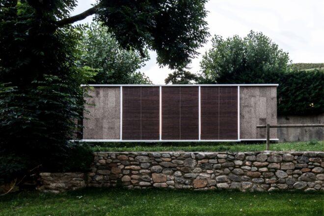 horizontal cabin clad in cork
