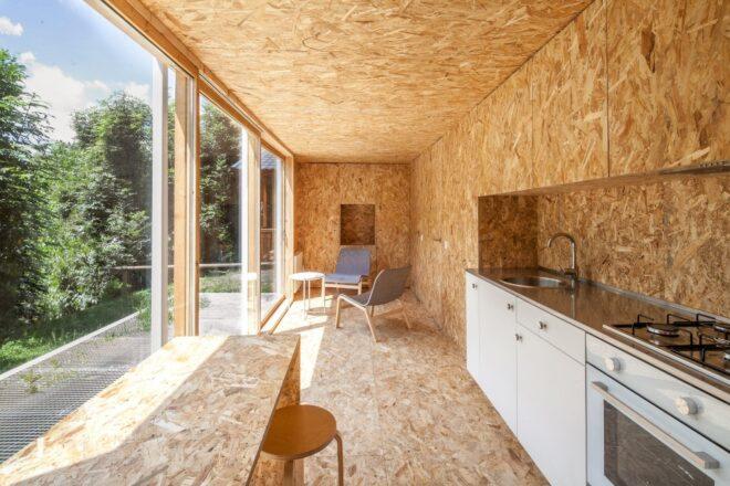 kitchen and dining space inside tiny cabin