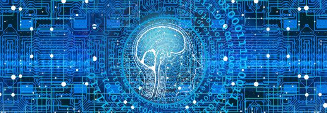 graphic with blue binary overlays and a figure of the human brain in the middle to illustrate the concept of artificial intelligence