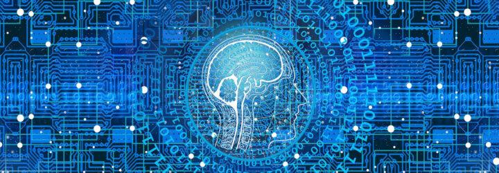 graphic with blue binary overlays and a figure of the human brain in the middle to illustrate the concept of artificial intelligence