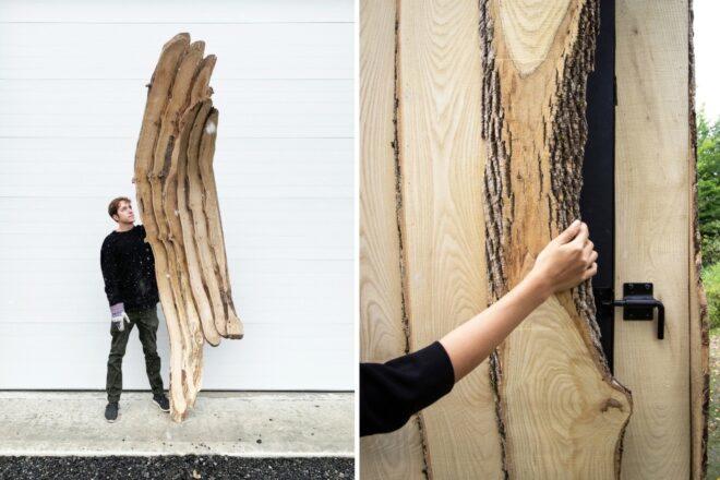 two images: man standing with planks of wood and woman touching cabin exterior