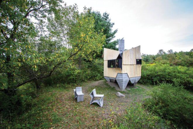 geometrical cabin surrounded by a forest