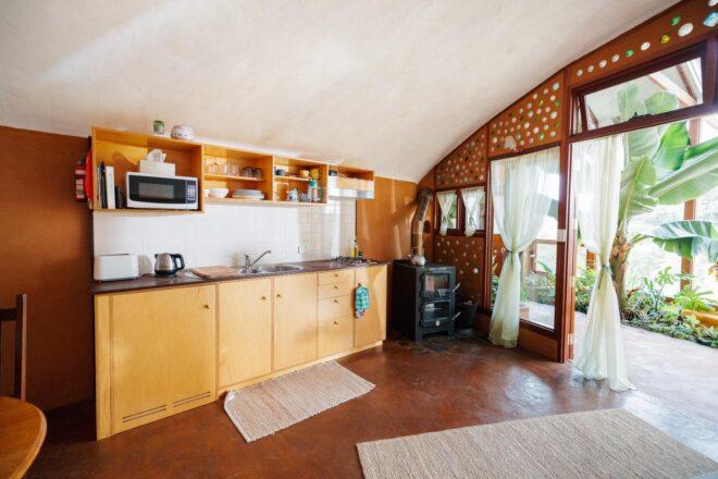 kitchen space with glass doors leading out to patio