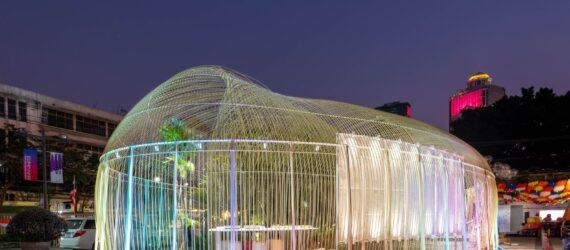 long, clear pavilion with multicolored lights