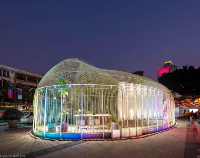 long, clear pavilion with multicolored lights