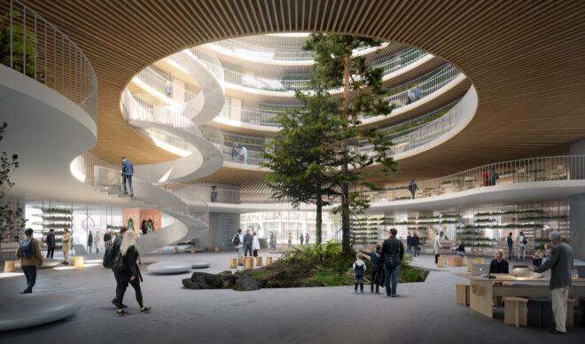 rendering of tree growing through the center of an atrium