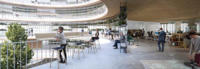 rendering of atrium with several small dining sets