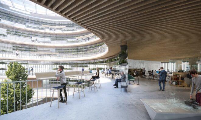 rendering of atrium with several small dining sets