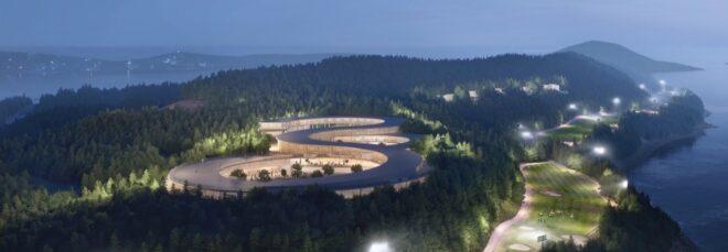 rendering of winding building surrounded by trees on an island at night