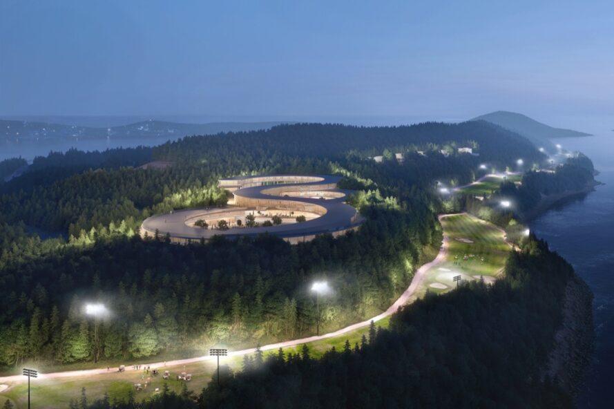 rendering of winding building surrounded by trees on an island at night