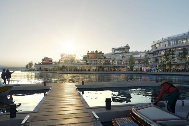 rendering of people docking boats