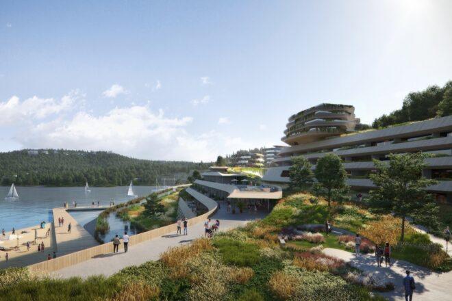 rendering of walking paths near gardens and tall buildings