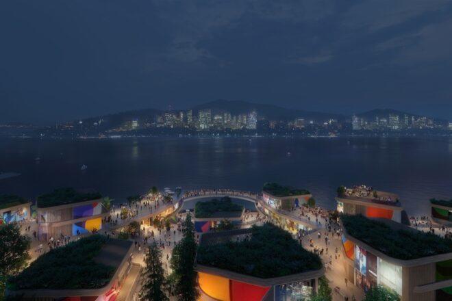 rendering of green-roofed buildings facing water at night