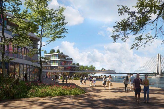 rendering of people walking on a waterfront path