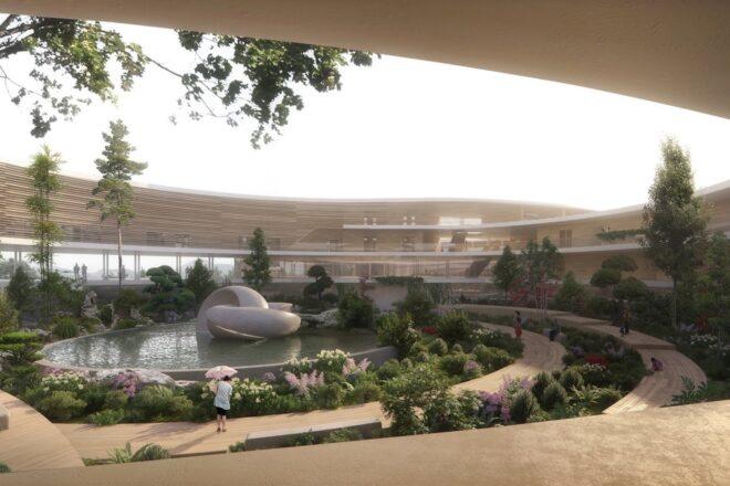 rendering of massive sculpture in a fountain surrounded by gardens