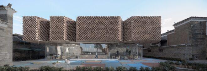 rendering of large building with tan walls on the upper floor and glass walls on the ground floor